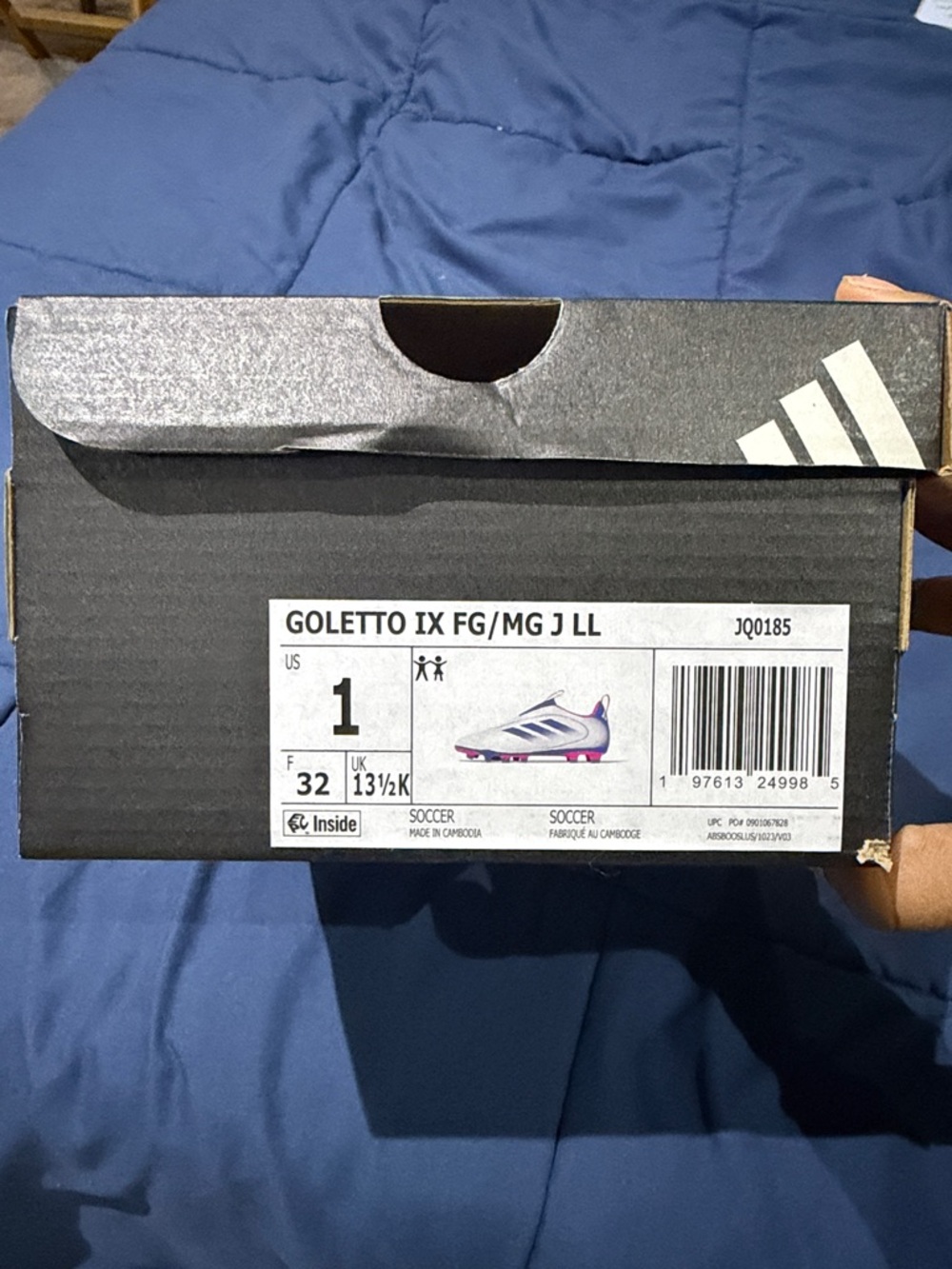 adidas Goleto IX FG Soccer Cleats Box - Black with Purple/White Illustration